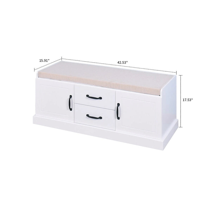 White Wood Storage Bench with Cushion Three-Door Cabinet Black Handles