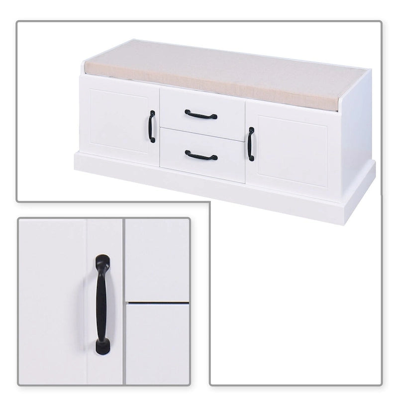 White Wood Storage Bench with Cushion Three-Door Cabinet Black Handles