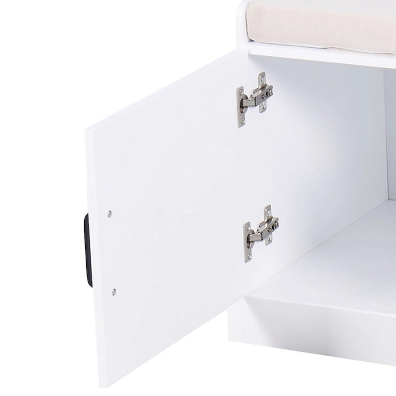 White Wood Storage Bench with Cushion Three-Door Cabinet Black Handles