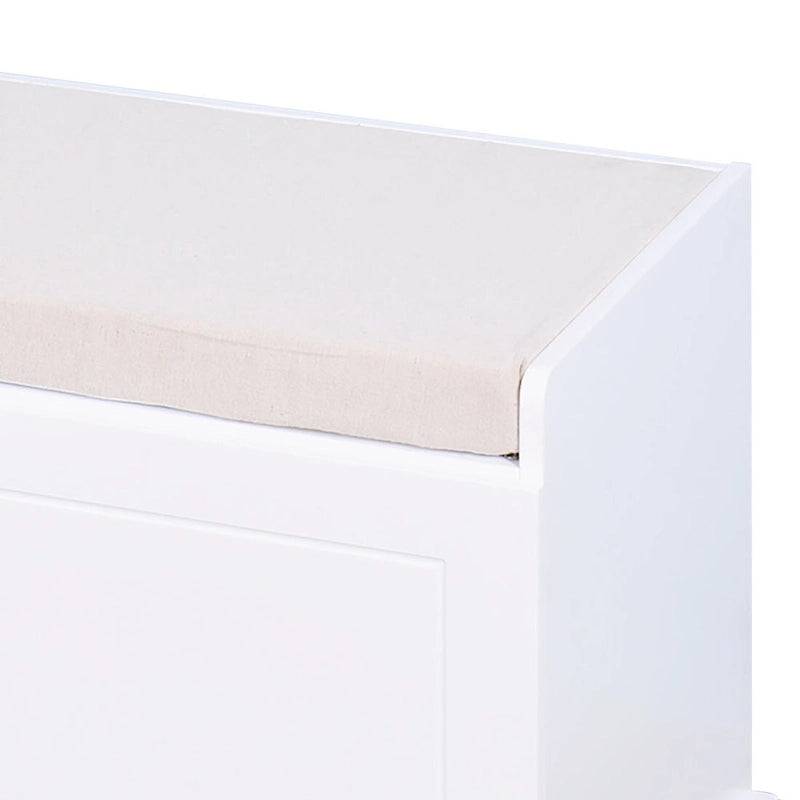 White Wood Storage Bench with Cushion Three-Door Cabinet Black Handles