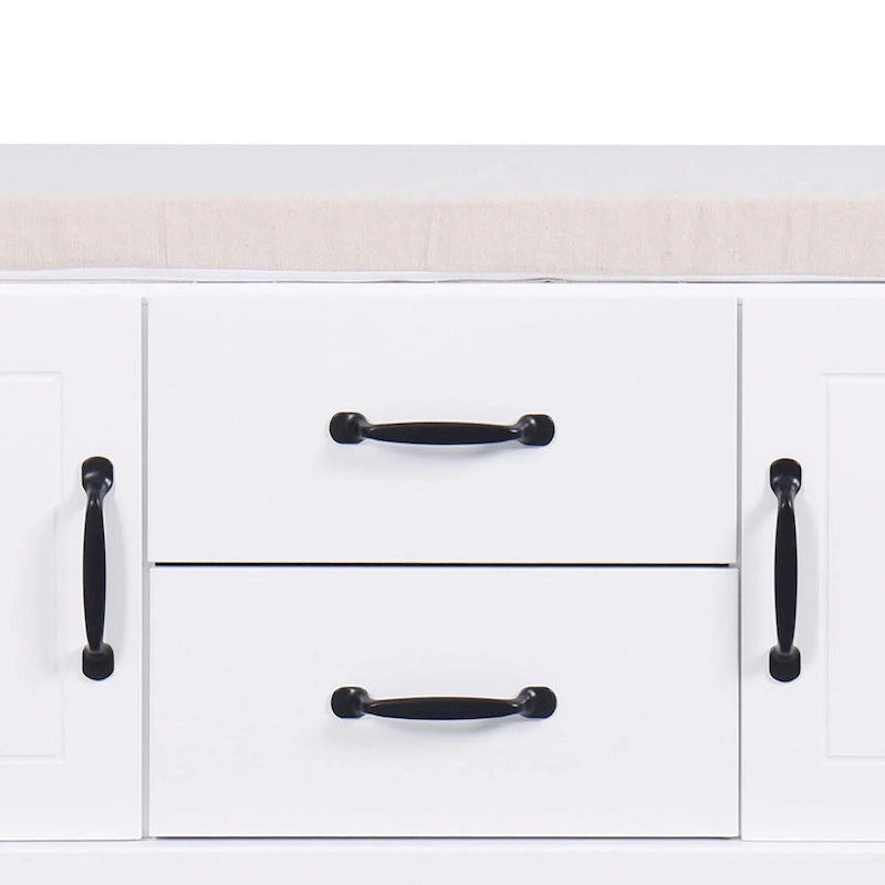 White Wood Storage Bench with Cushion Three-Door Cabinet Black Handles