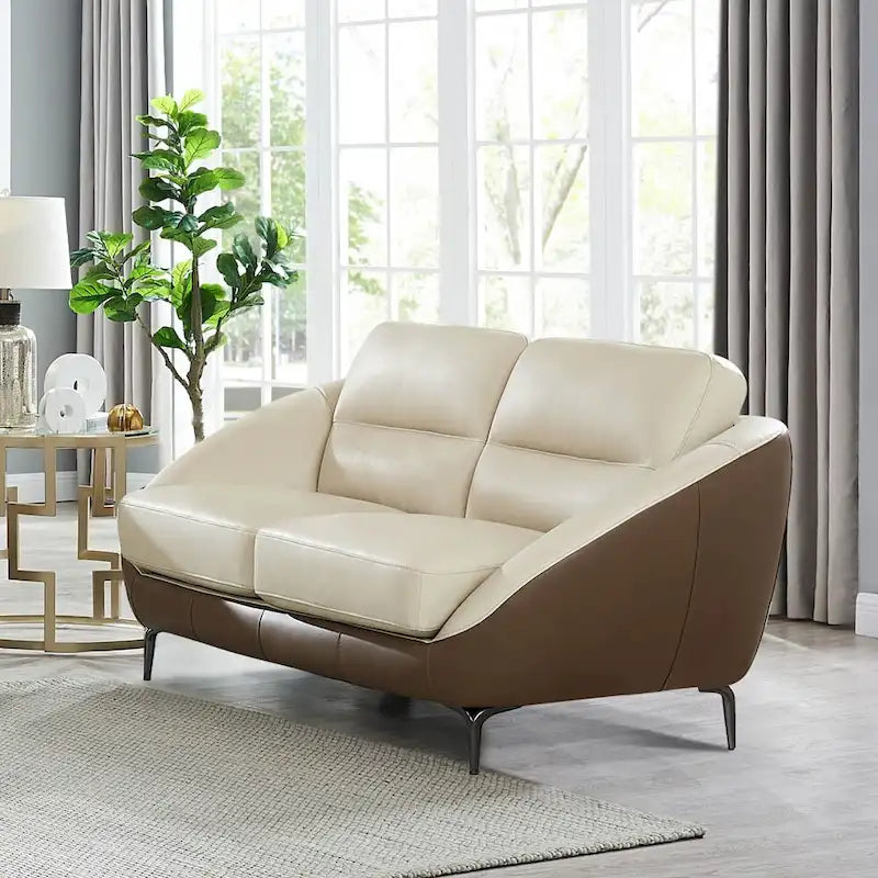 Top-Grain Leather Loveseat Pocketed Coil Springs Two-Tone Vanilla White Truffle Brown