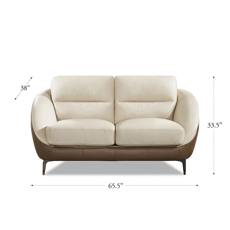 Top-Grain Leather Loveseat Pocketed Coil Springs Two-Tone Vanilla White Truffle Brown