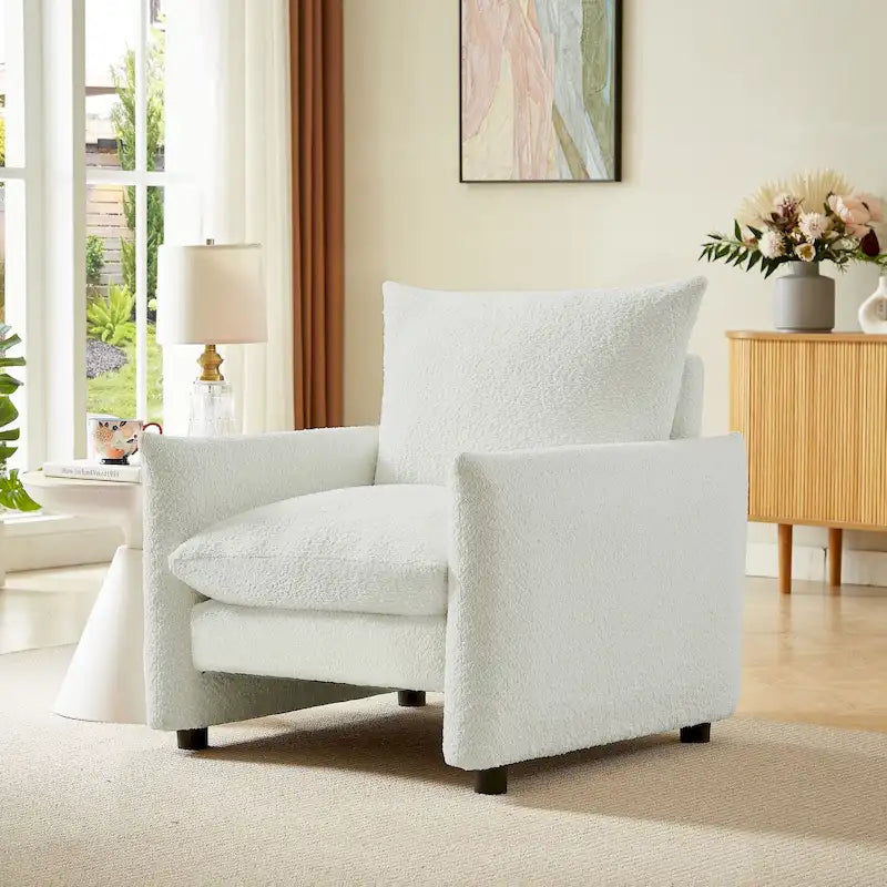 33 Inch Low Profile Boucle Accent Armchair Deep Seat Off-White Green Brown
