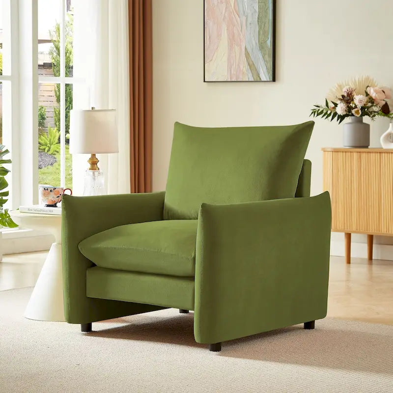 33 Inch Low Profile Boucle Accent Armchair Deep Seat Off-White Green Brown