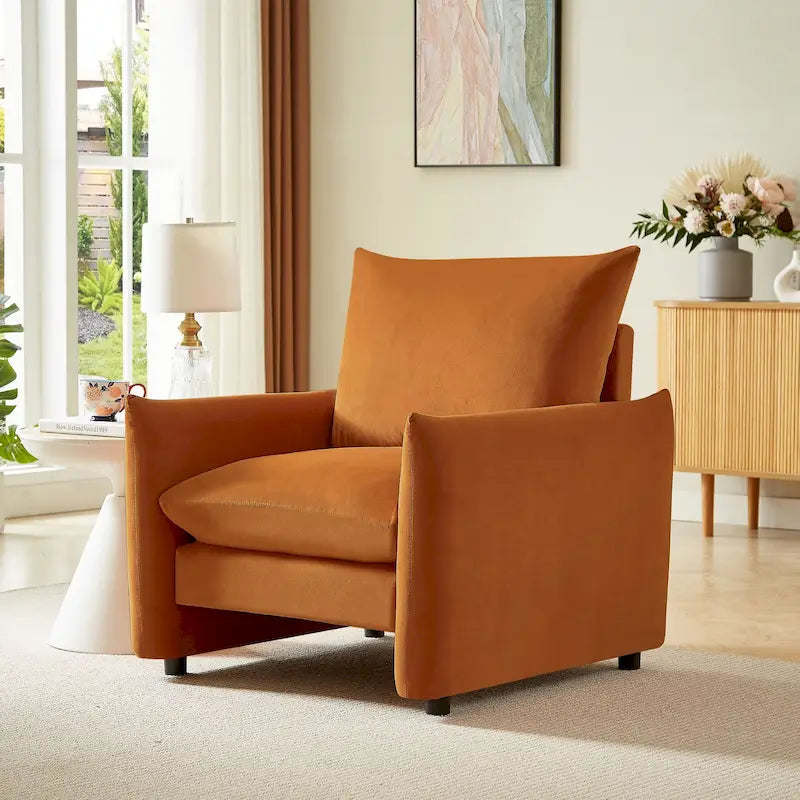 33 Inch Low Profile Boucle Accent Armchair Deep Seat Off-White Green Brown