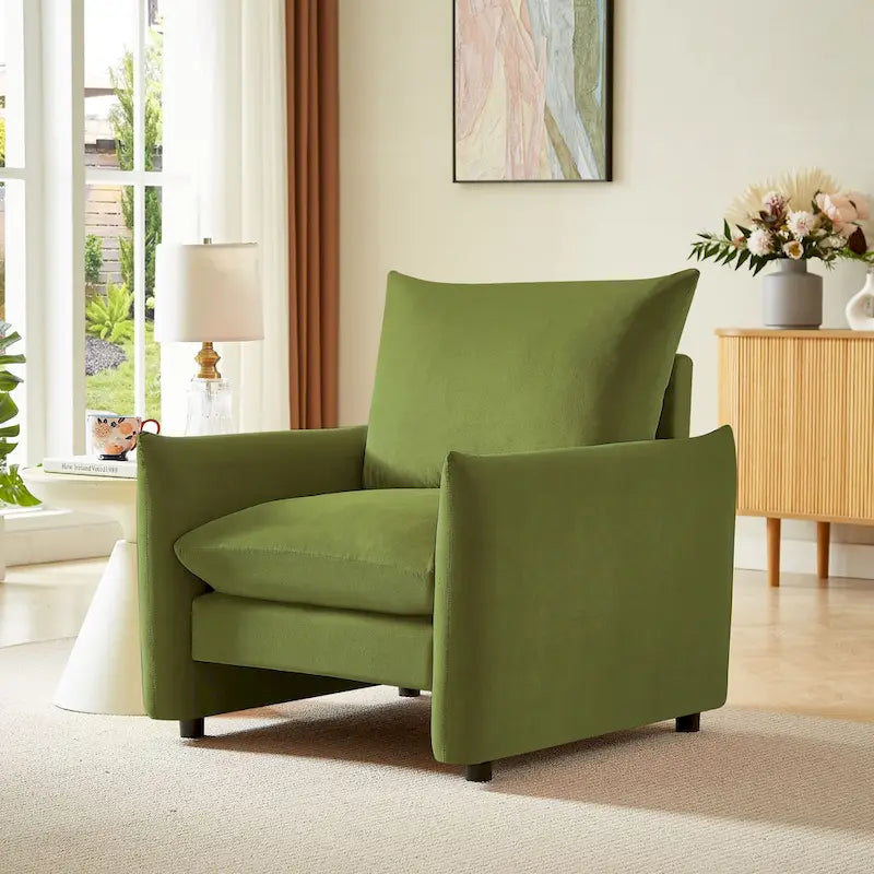 33 Inch Low Profile Boucle Accent Armchair Deep Seat Off-White Green Brown