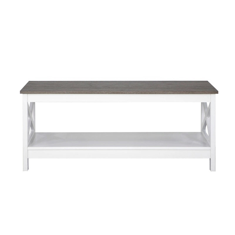 Modern Farmhouse X-Cross Coffee Table with Lower Shelf Grey Oak White