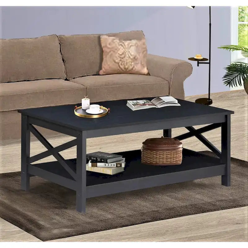 Modern Farmhouse X-Cross Coffee Table with Lower Shelf Grey Oak White