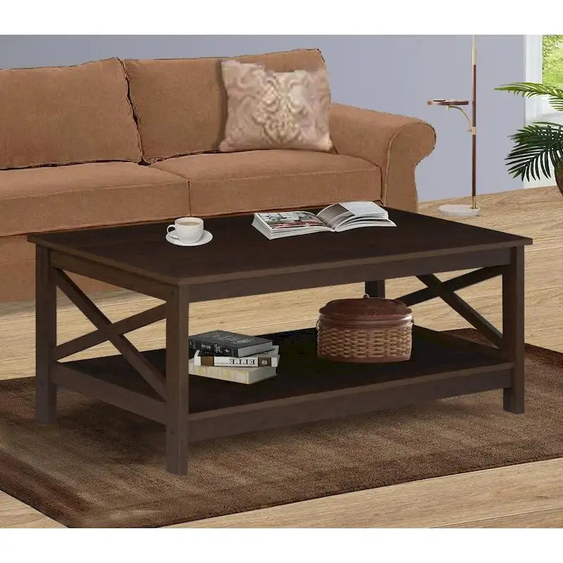 Modern Farmhouse X-Cross Coffee Table with Lower Shelf Grey Oak White