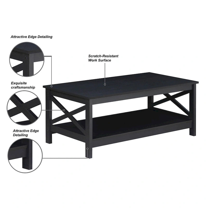 Modern Farmhouse X-Cross Coffee Table with Lower Shelf Grey Oak White