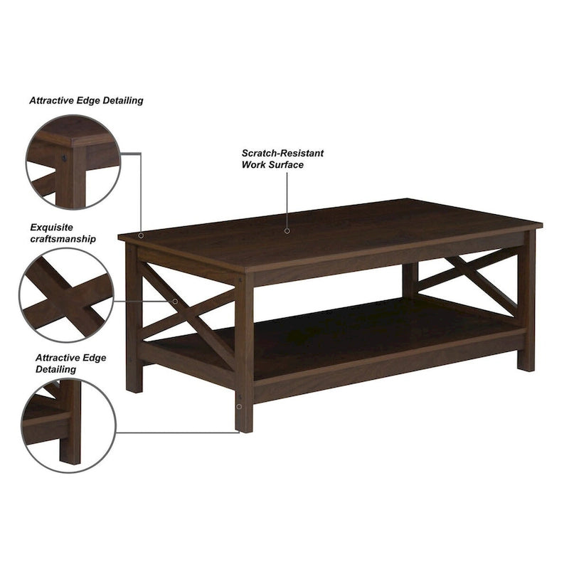Modern Farmhouse X-Cross Coffee Table with Lower Shelf Grey Oak White