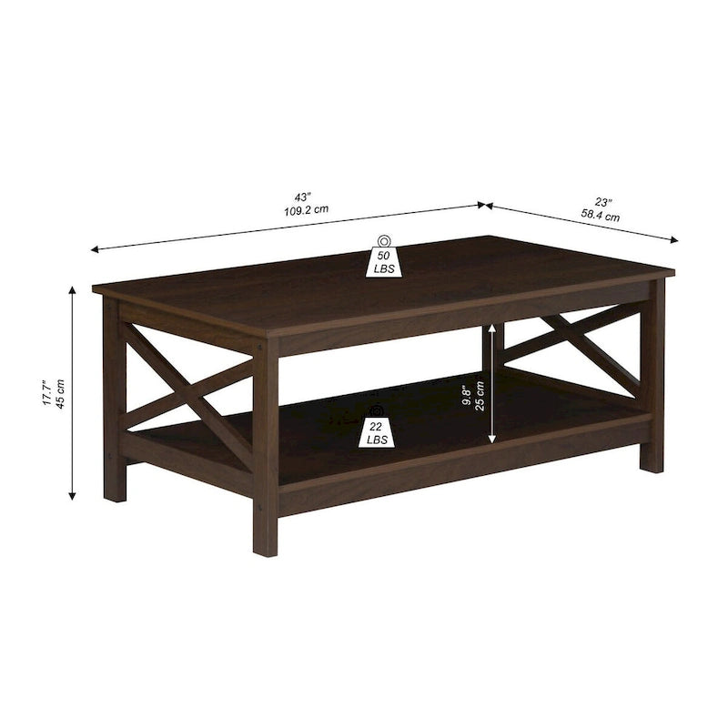 Modern Farmhouse X-Cross Coffee Table with Lower Shelf Grey Oak White