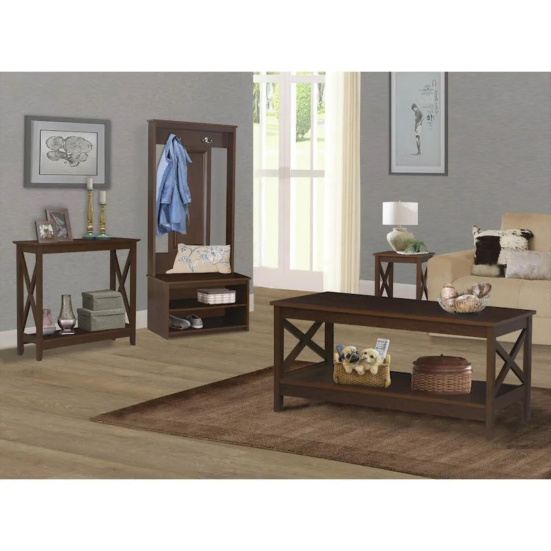 Modern Farmhouse X-Cross Coffee Table with Lower Shelf Grey Oak White