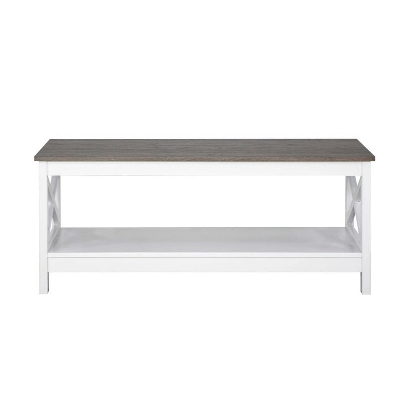 Modern Farmhouse X-Cross Coffee Table with Lower Shelf Grey Oak White