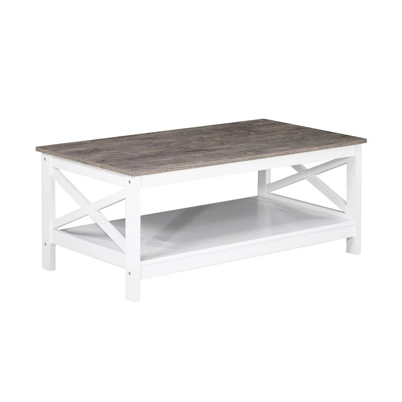 Modern Farmhouse X-Cross Coffee Table with Lower Shelf Grey Oak White