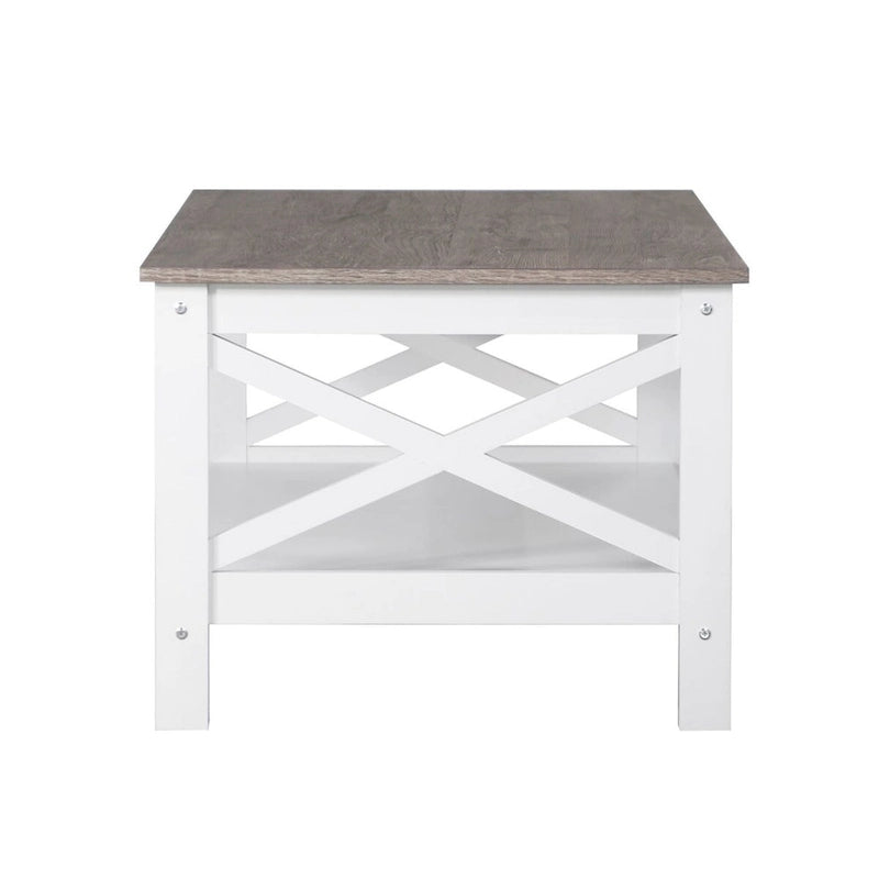 Modern Farmhouse X-Cross Coffee Table with Lower Shelf Grey Oak White
