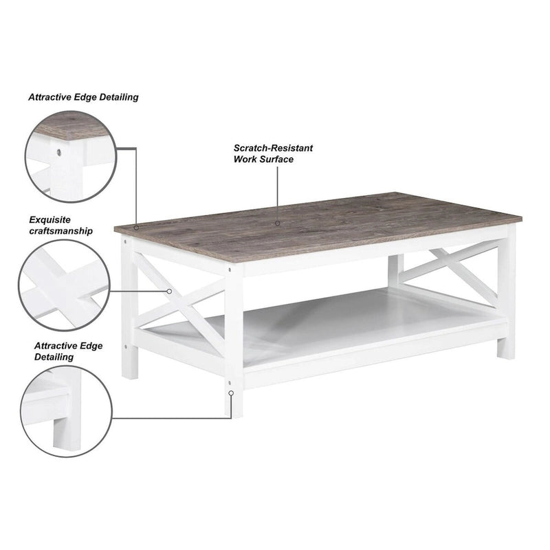 Modern Farmhouse X-Cross Coffee Table with Lower Shelf Grey Oak White
