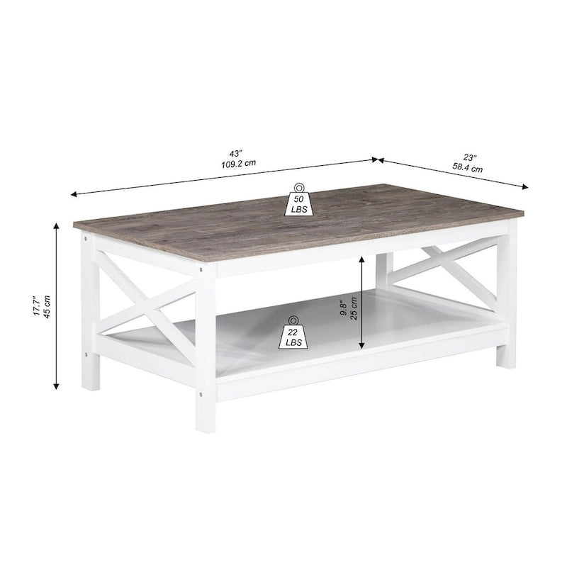 Modern Farmhouse X-Cross Coffee Table with Lower Shelf Grey Oak White