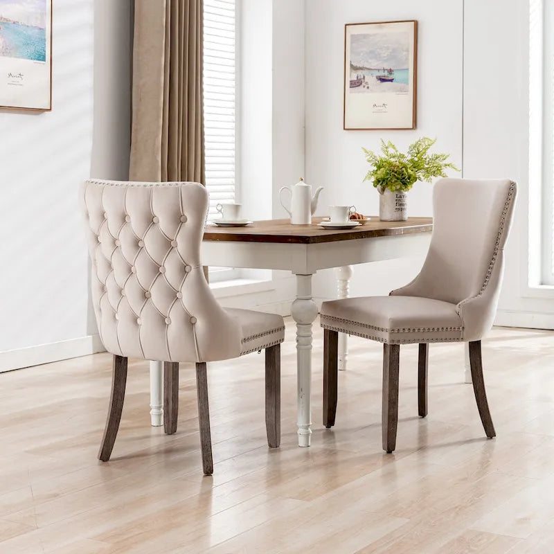 Velvet Wing Back Dining Chair Tufted Rivet Trim Solid Wood Legs