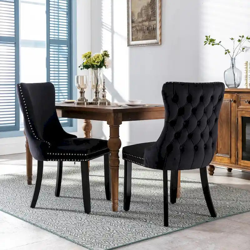 Velvet Wing Back Dining Chair Tufted Rivet Trim Solid Wood Legs