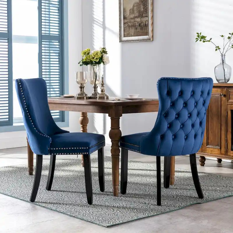 Velvet Wing Back Dining Chair Tufted Rivet Trim Solid Wood Legs