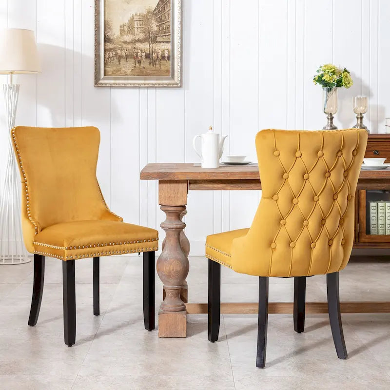 Velvet Wing Back Dining Chair Tufted Rivet Trim Solid Wood Legs