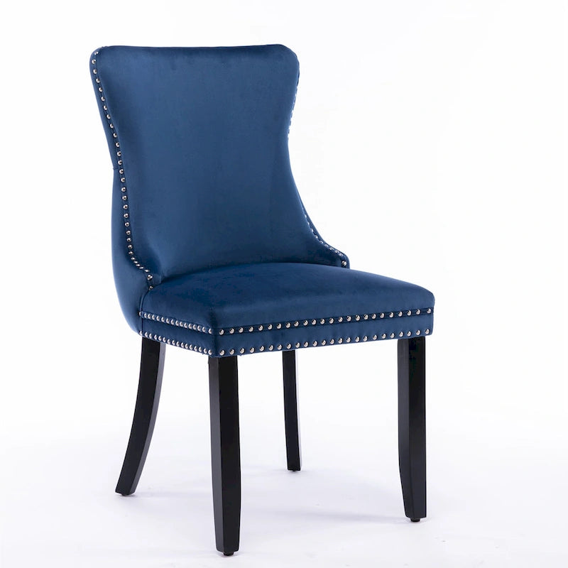 Velvet Wing Back Dining Chair Tufted Rivet Trim Solid Wood Legs