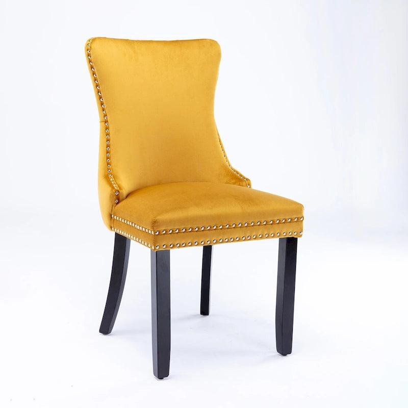 Velvet Wing Back Dining Chair Tufted Rivet Trim Solid Wood Legs