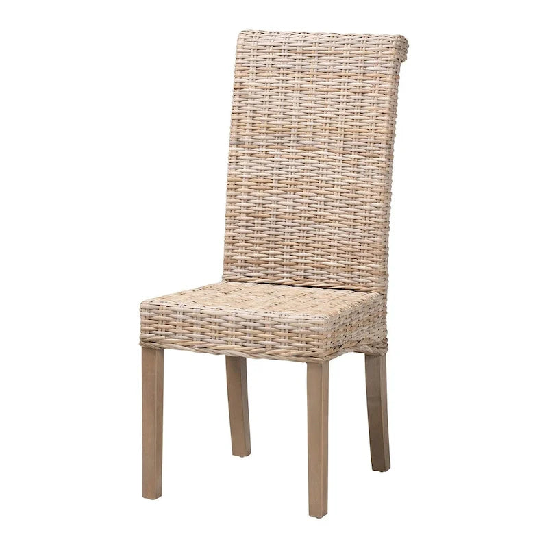 Bohemian Handwoven Kubu Rattan Dining Chair Tall Back Mango Wood Legs Grey