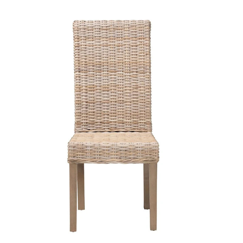 Bohemian Handwoven Kubu Rattan Dining Chair Tall Back Mango Wood Legs Grey