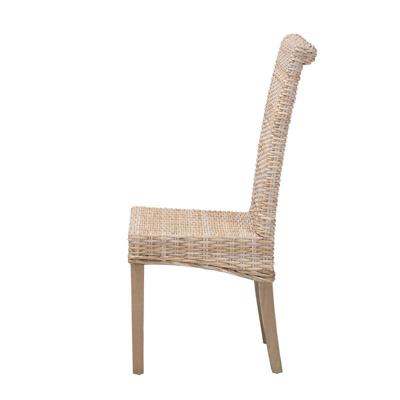 Bohemian Handwoven Kubu Rattan Dining Chair Tall Back Mango Wood Legs Grey