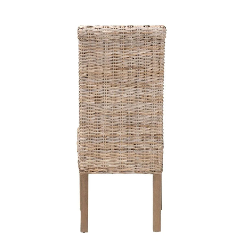 Bohemian Handwoven Kubu Rattan Dining Chair Tall Back Mango Wood Legs Grey