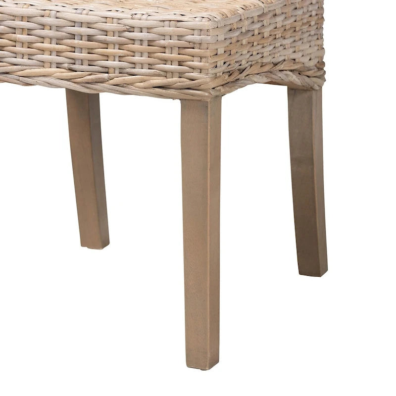 Bohemian Handwoven Kubu Rattan Dining Chair Tall Back Mango Wood Legs Grey