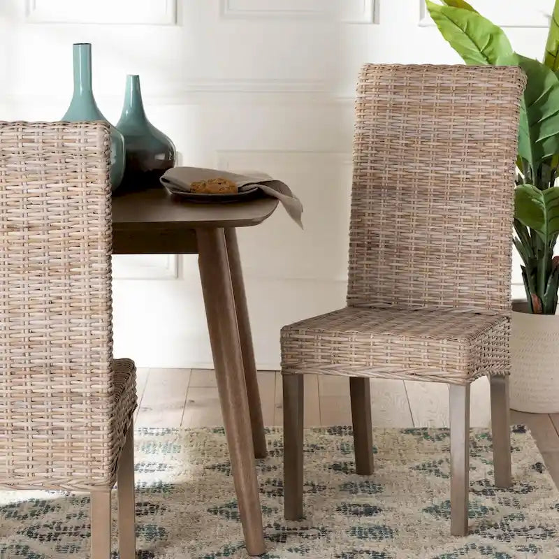 Bohemian Handwoven Kubu Rattan Dining Chair Tall Back Mango Wood Legs Grey