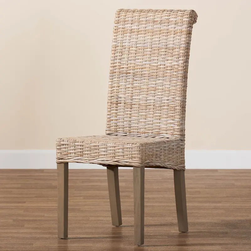 Bohemian Handwoven Kubu Rattan Dining Chair Tall Back Mango Wood Legs Grey