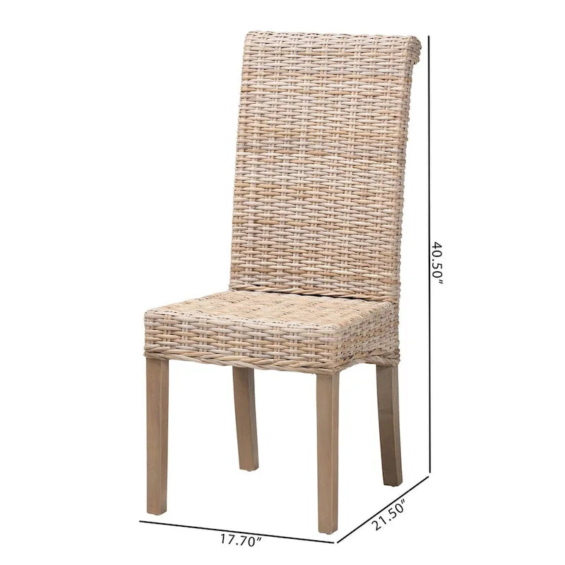 Bohemian Handwoven Kubu Rattan Dining Chair Tall Back Mango Wood Legs Grey