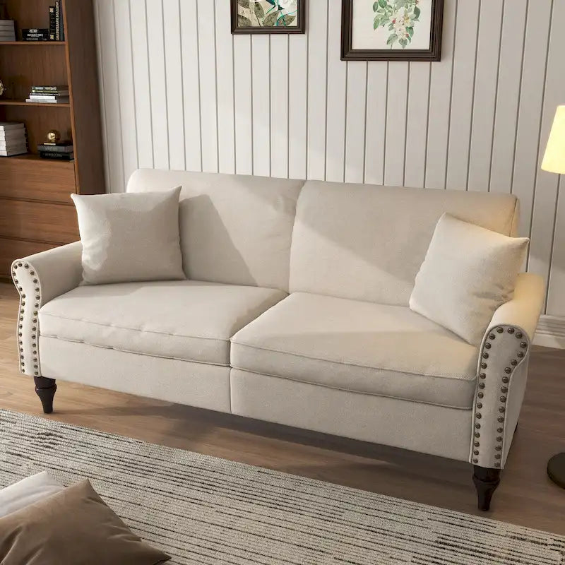 73-Inch Linen Loveseat Sofa Nailhead Trim Rolled Arms Wood Legs Light Blue