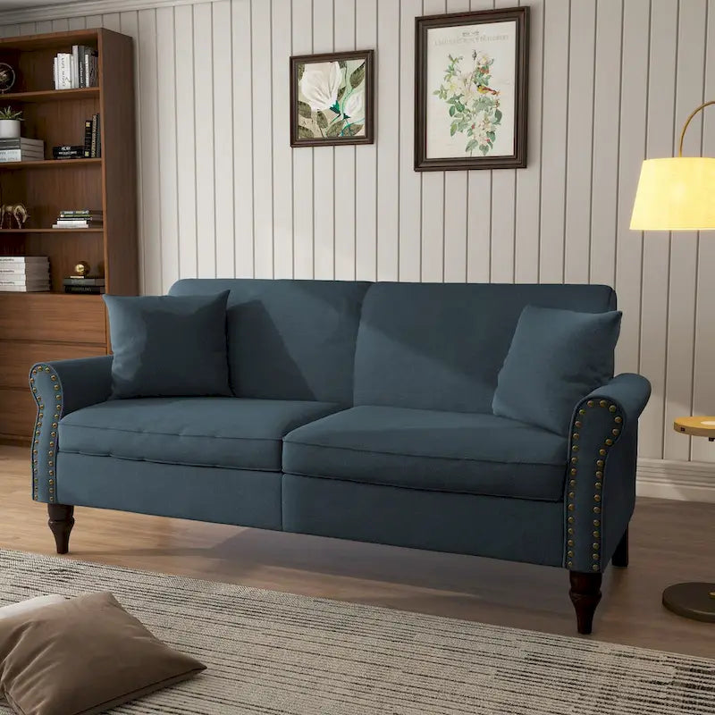 73-Inch Linen Loveseat Sofa Nailhead Trim Rolled Arms Wood Legs Light Blue