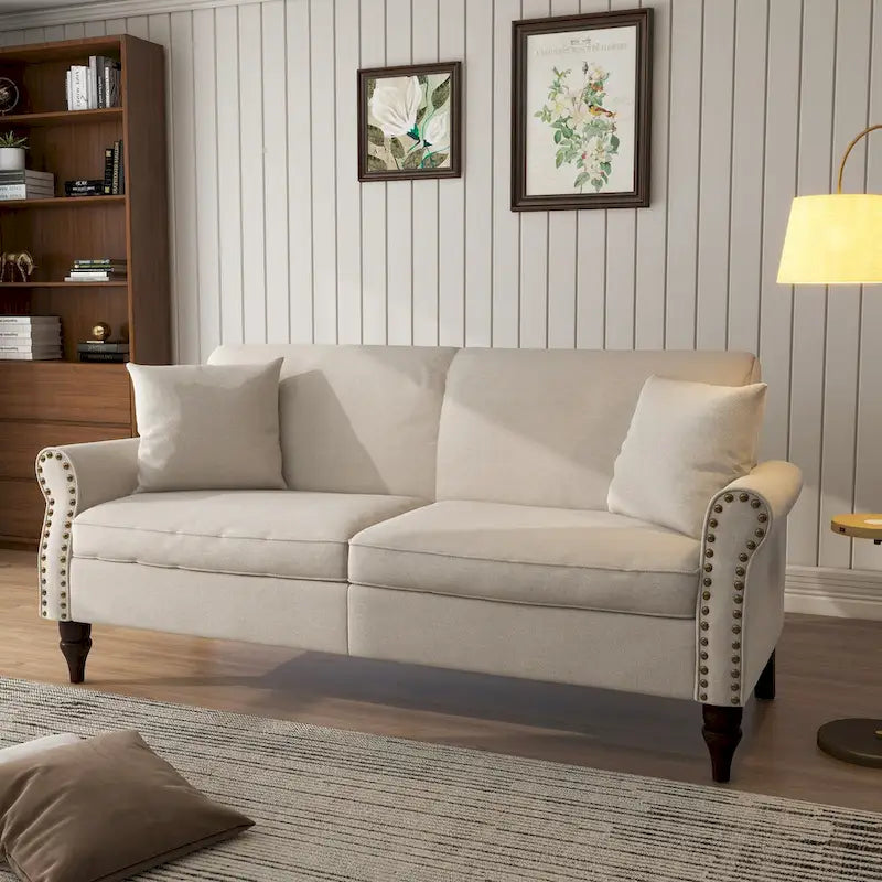 73-Inch Linen Loveseat Sofa Nailhead Trim Rolled Arms Wood Legs Light Blue
