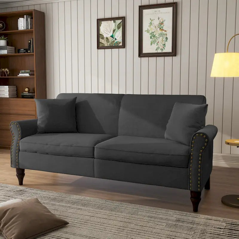 73-Inch Linen Loveseat Sofa Nailhead Trim Rolled Arms Wood Legs Light Blue