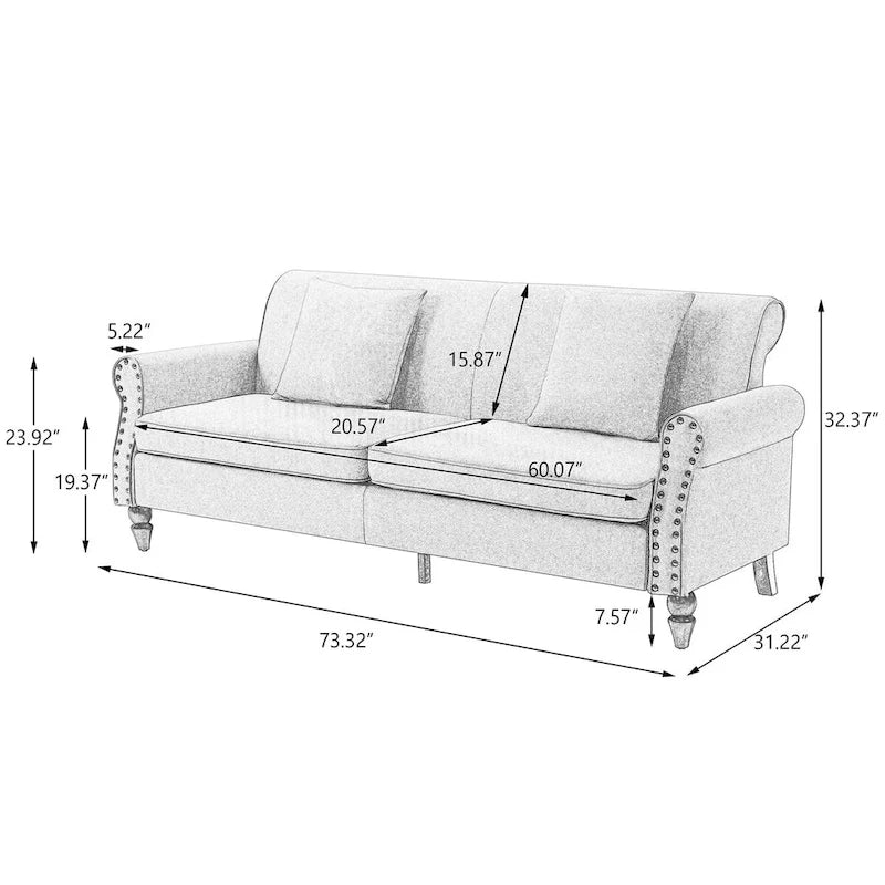 73-Inch Linen Loveseat Sofa Nailhead Trim Rolled Arms Wood Legs Light Blue