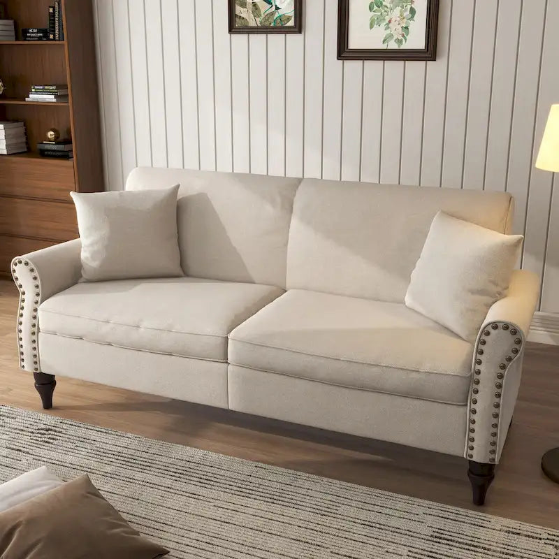 73-Inch Linen Loveseat Sofa Nailhead Trim Rolled Arms Wood Legs Light Blue