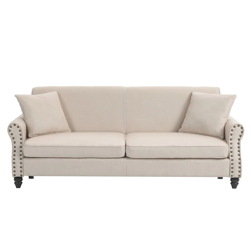 73-Inch Linen Loveseat Sofa Nailhead Trim Rolled Arms Wood Legs Light Blue