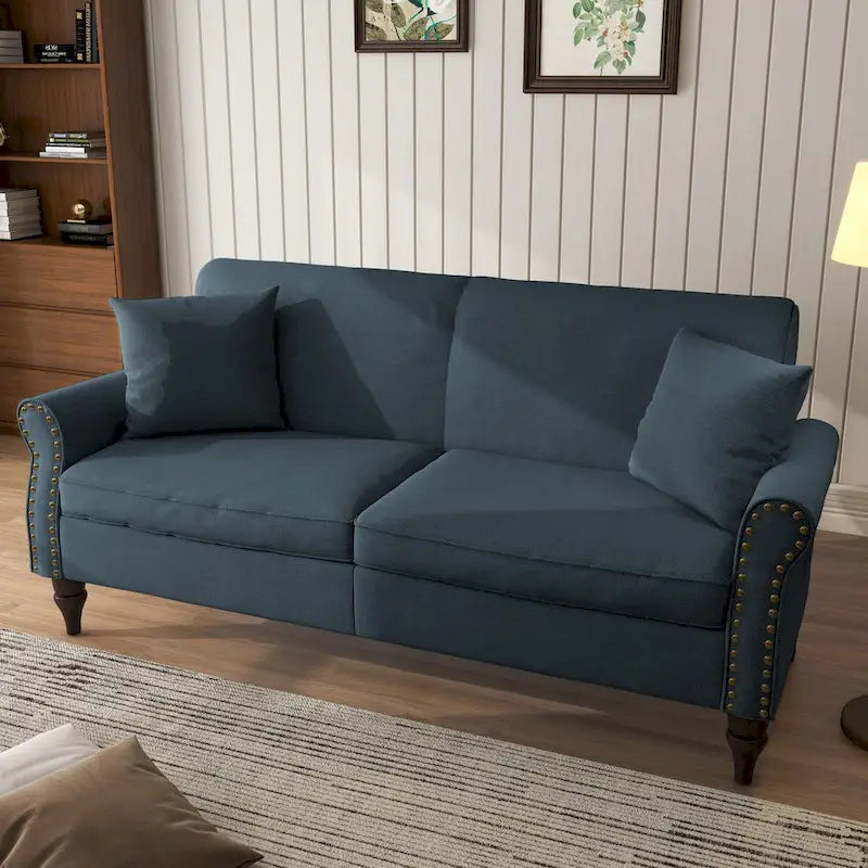 73-Inch Linen Loveseat Sofa Nailhead Trim Rolled Arms Wood Legs Light Blue