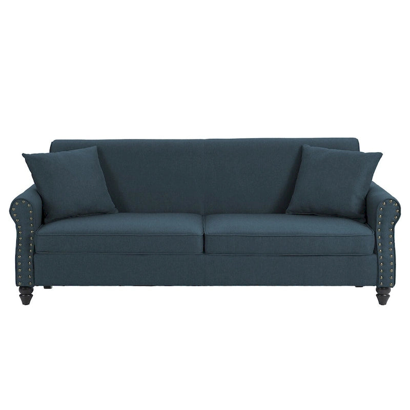 73-Inch Linen Loveseat Sofa Nailhead Trim Rolled Arms Wood Legs Light Blue