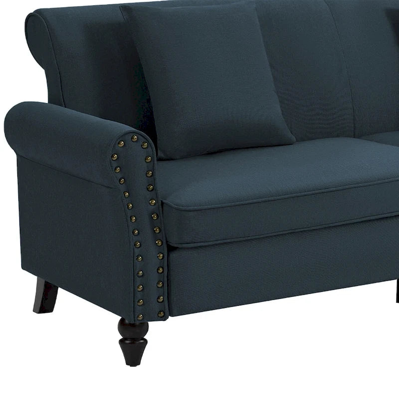 73-Inch Linen Loveseat Sofa Nailhead Trim Rolled Arms Wood Legs Light Blue