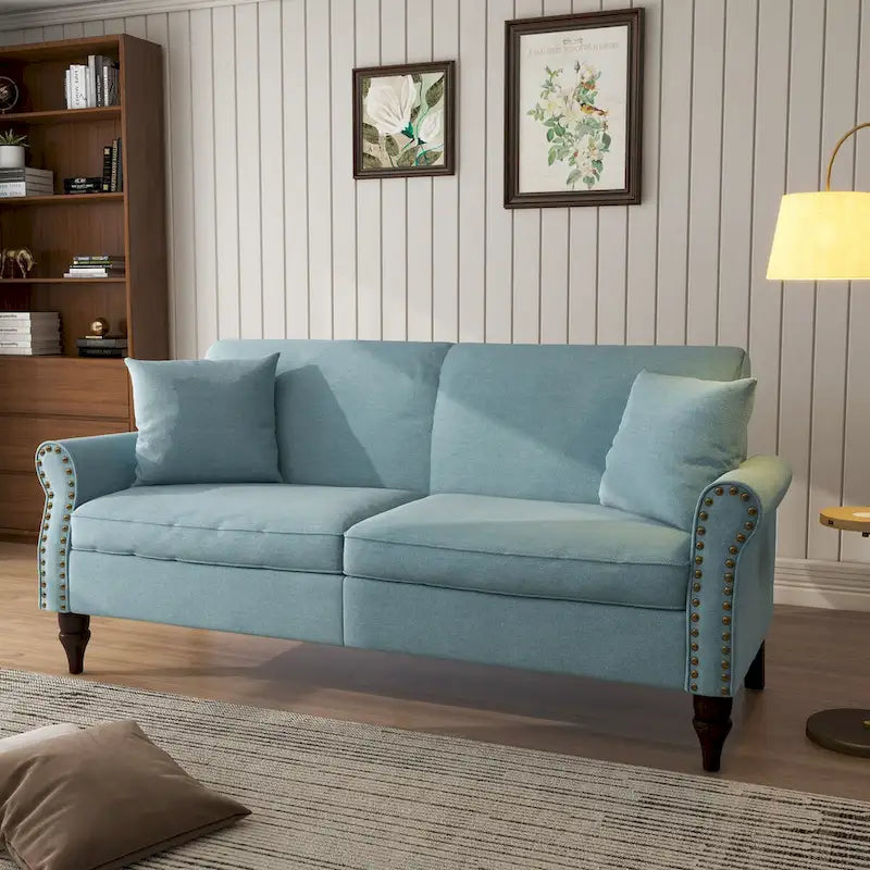 73-Inch Linen Loveseat Sofa Nailhead Trim Rolled Arms Wood Legs Light Blue