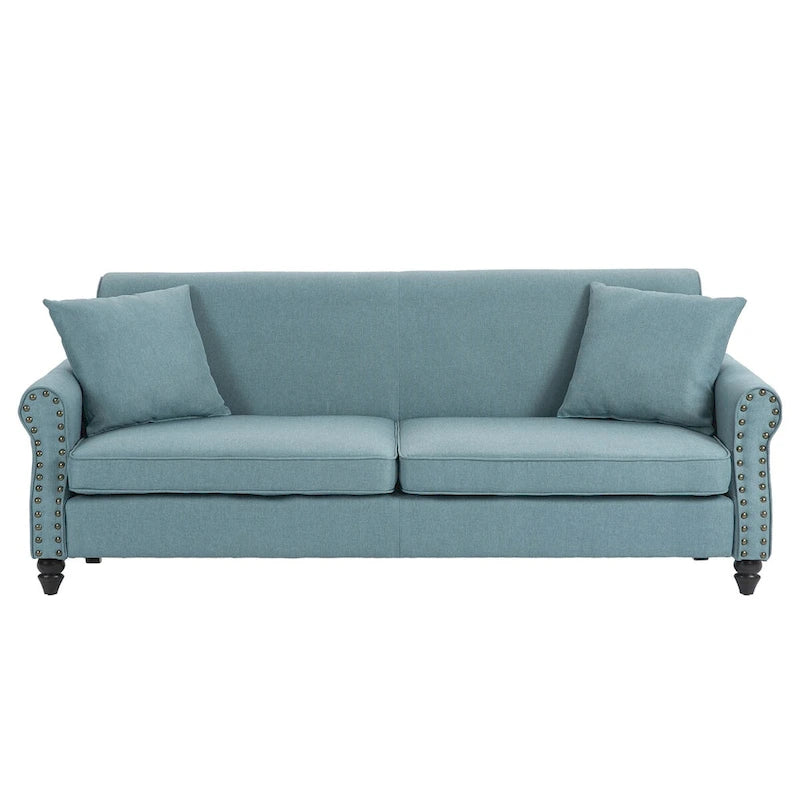 73-Inch Linen Loveseat Sofa Nailhead Trim Rolled Arms Wood Legs Light Blue