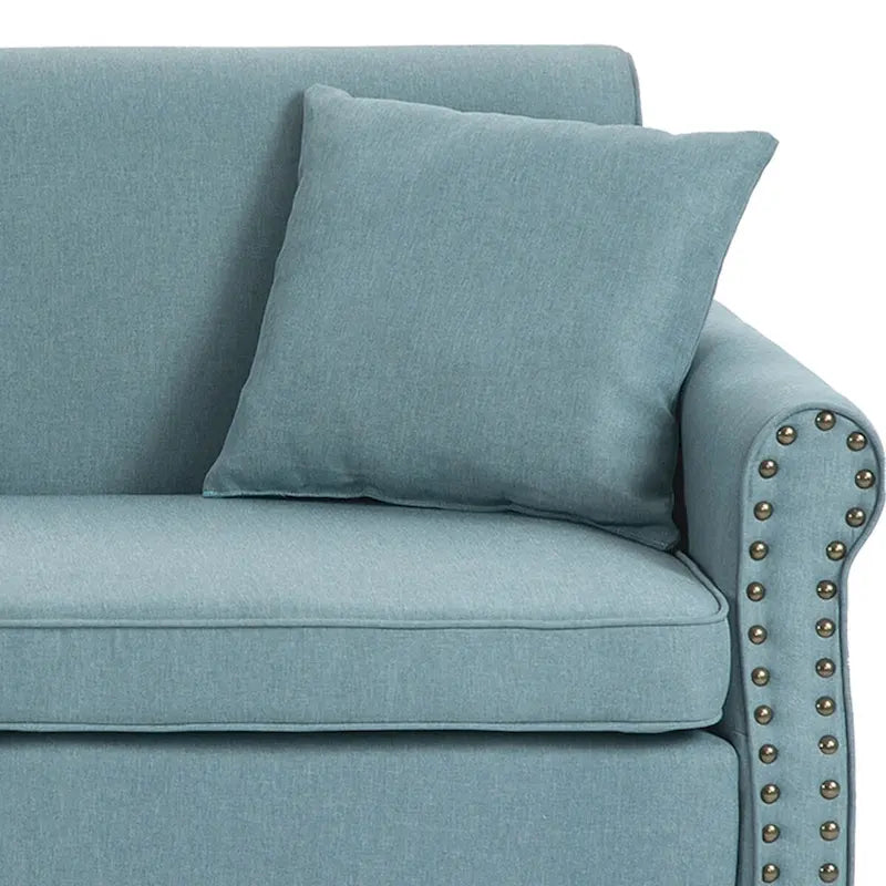 73-Inch Linen Loveseat Sofa Nailhead Trim Rolled Arms Wood Legs Light Blue
